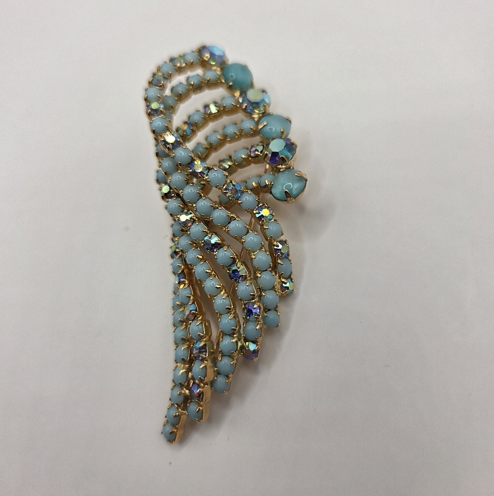 VTG 1960s Blue & Gold AB Rhinestone Wave/Swirl Brooch And Clip Earrings UNSIGNED - Picture 3 of 12